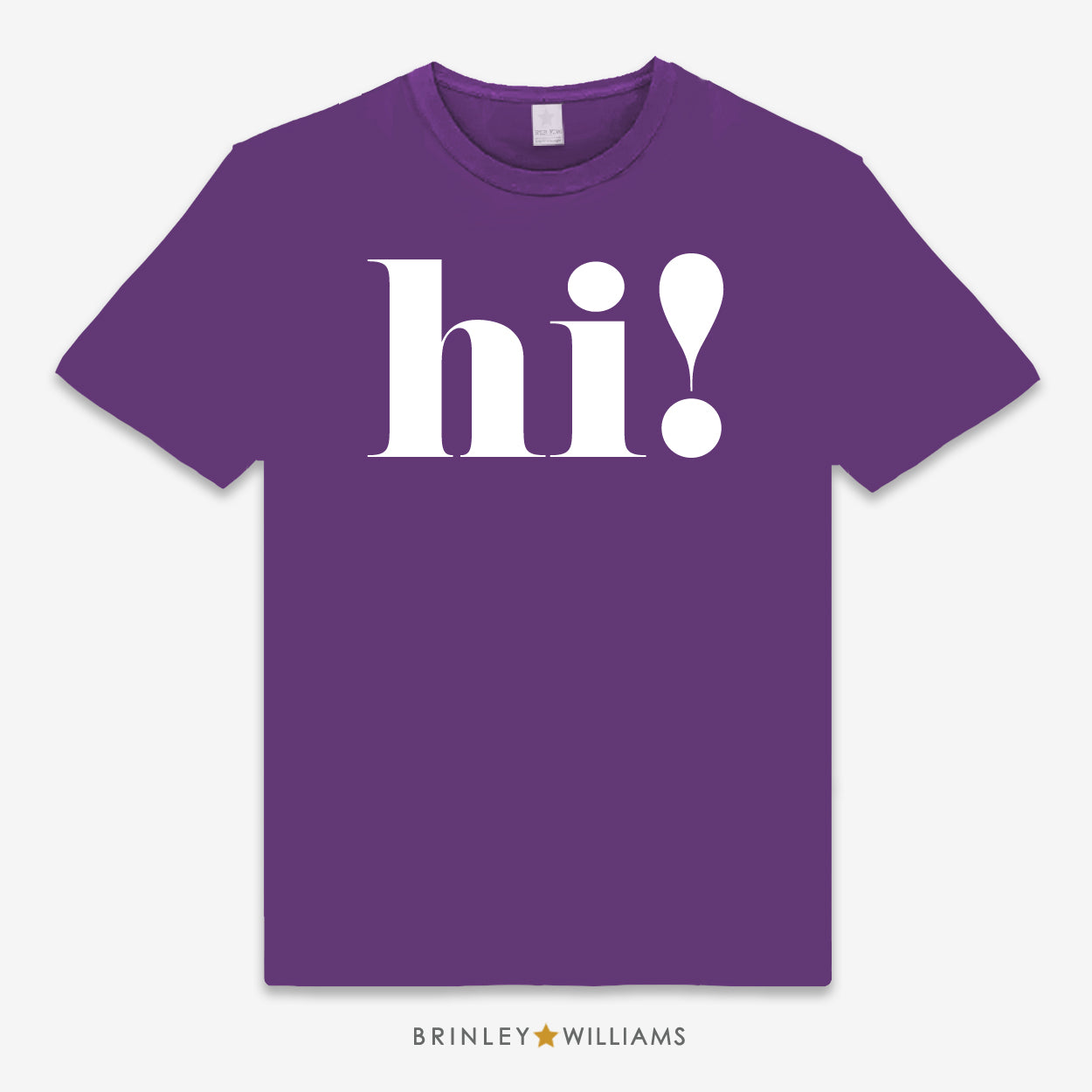 Purple unisex t-shirt with large 'hi!' text printed on it