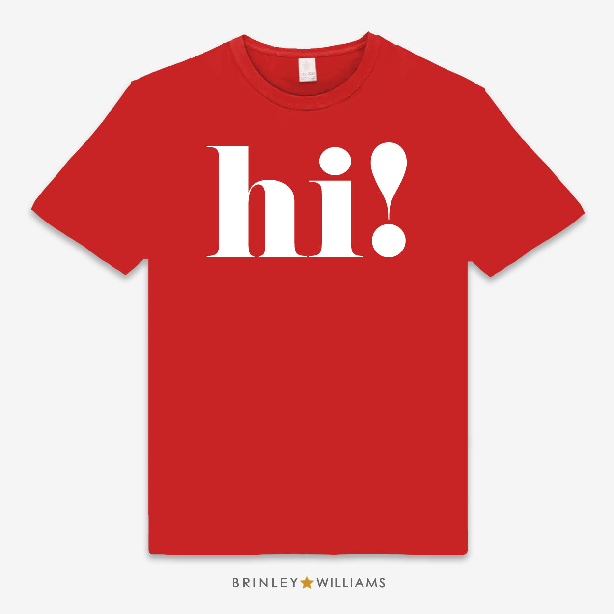 Red unisex t-shirt with large 'hi!' text printed on it