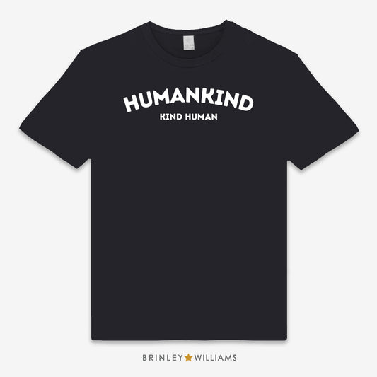 Black unisex t-shirt with 'HUMANKIND KIND HUMAN' printed text design