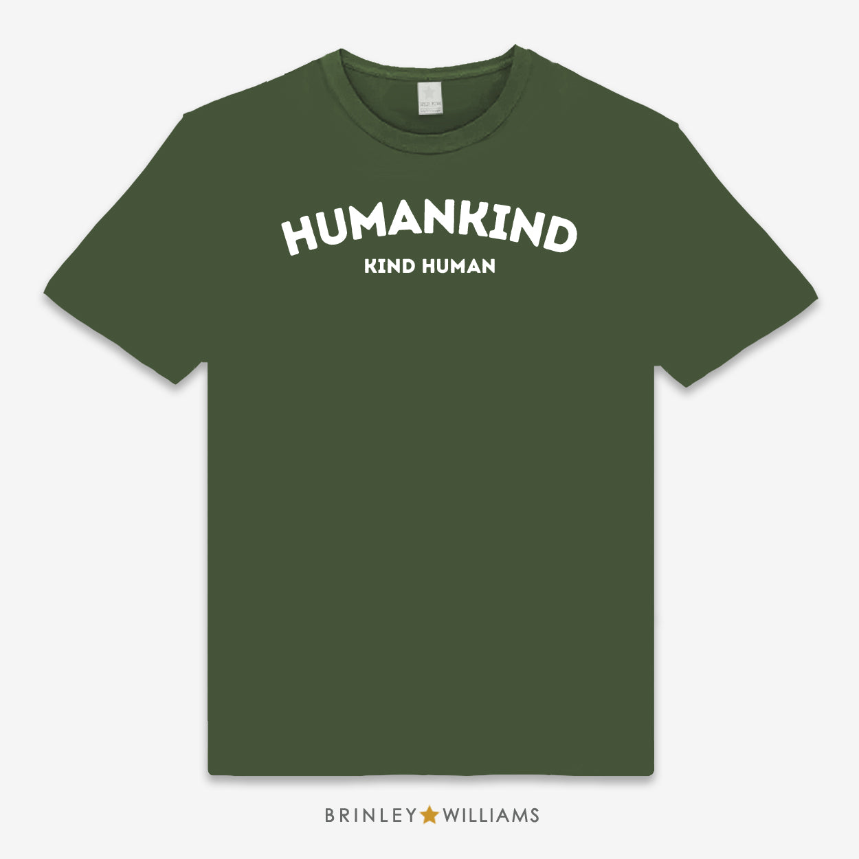 Green unisex t-shirt with 'HUMANKIND KIND HUMAN' printed text design