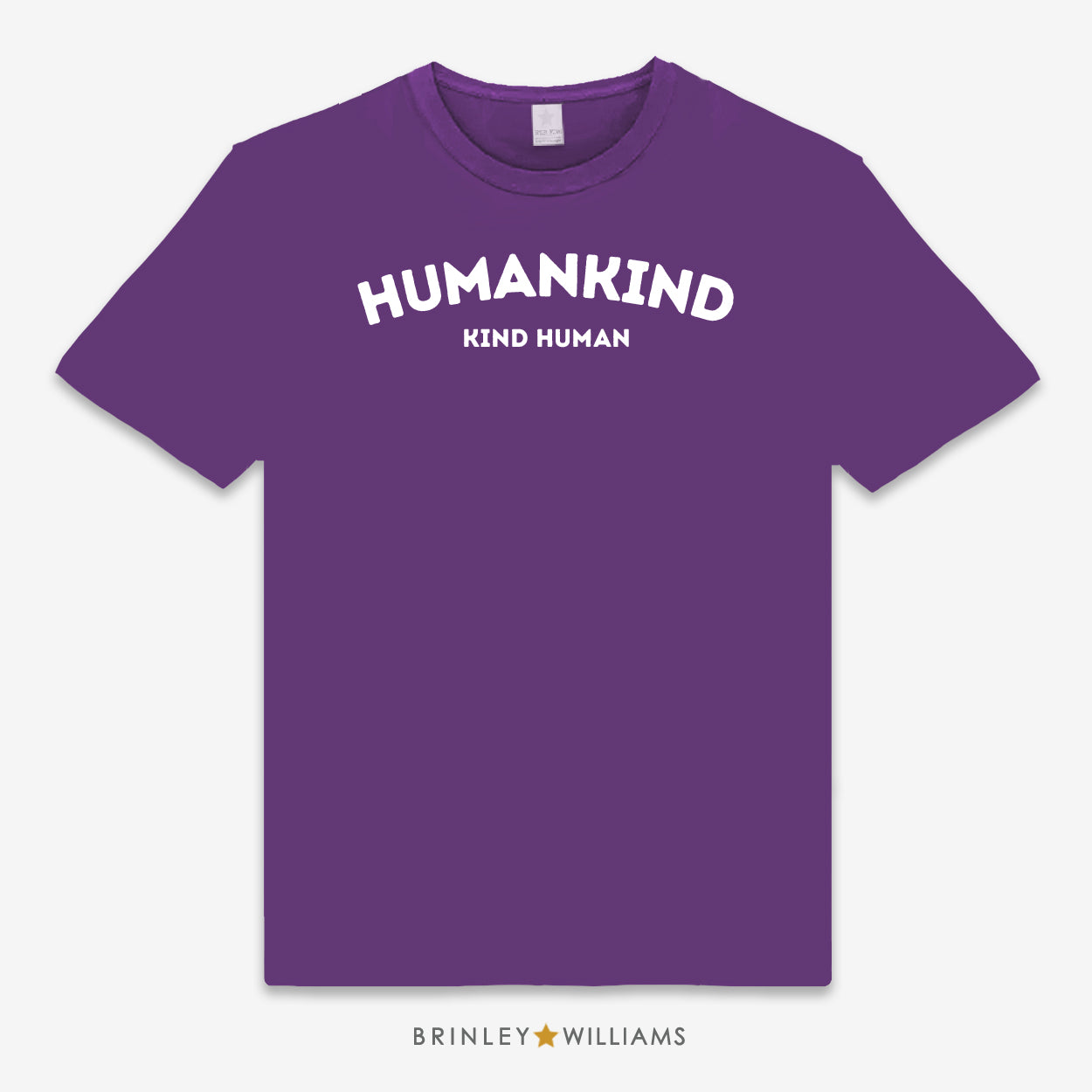 Purple unisex t-shirt with 'HUMANKIND KIND HUMAN' printed text design