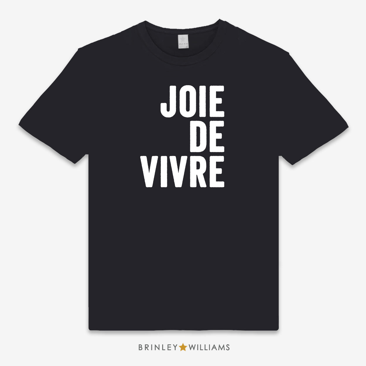 Black unisex t-shirt with printed 'JOIE DE VIVRE' white text
