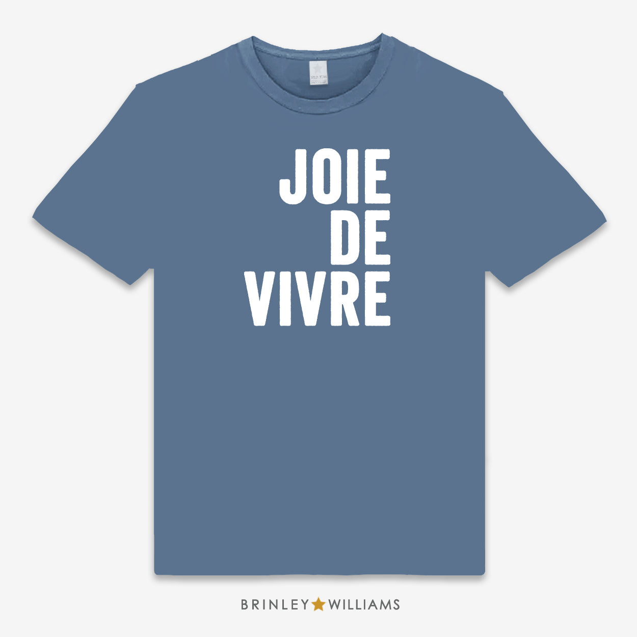 Blue unisex t-shirt with printed 'JOIE DE VIVRE' white text