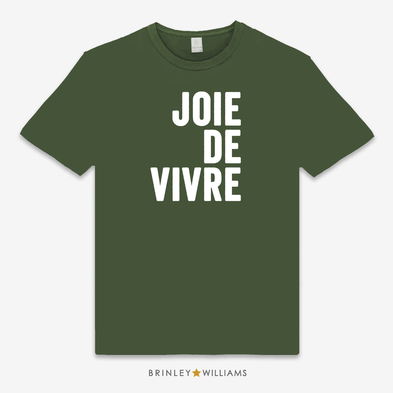 Green unisex t-shirt with printed 'JOIE DE VIVRE' white text