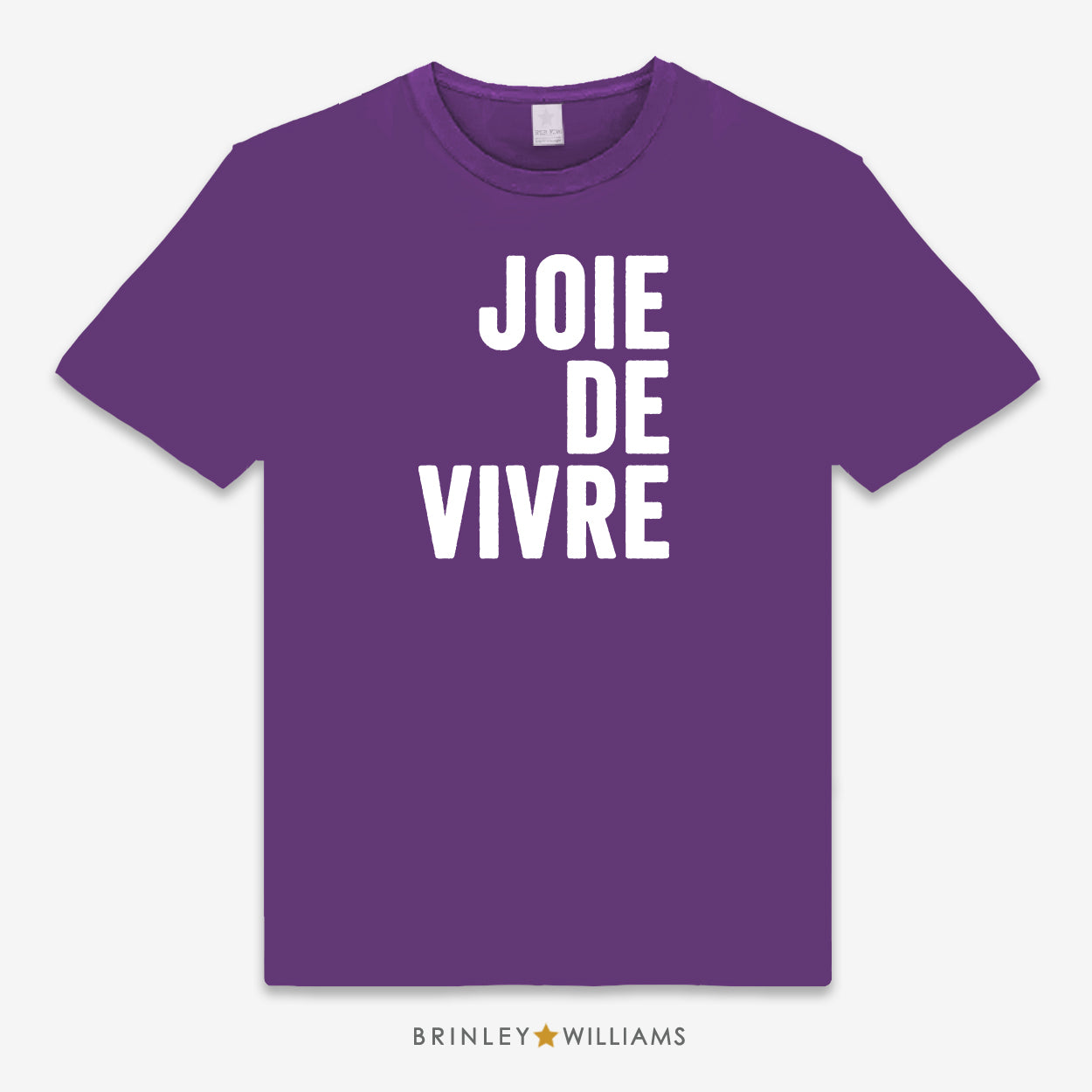 Purple unisex t-shirt with printed 'JOIE DE VIVRE' white text