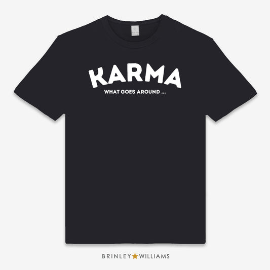 Black unisex t-shirt printed with 'Karma' text design in white