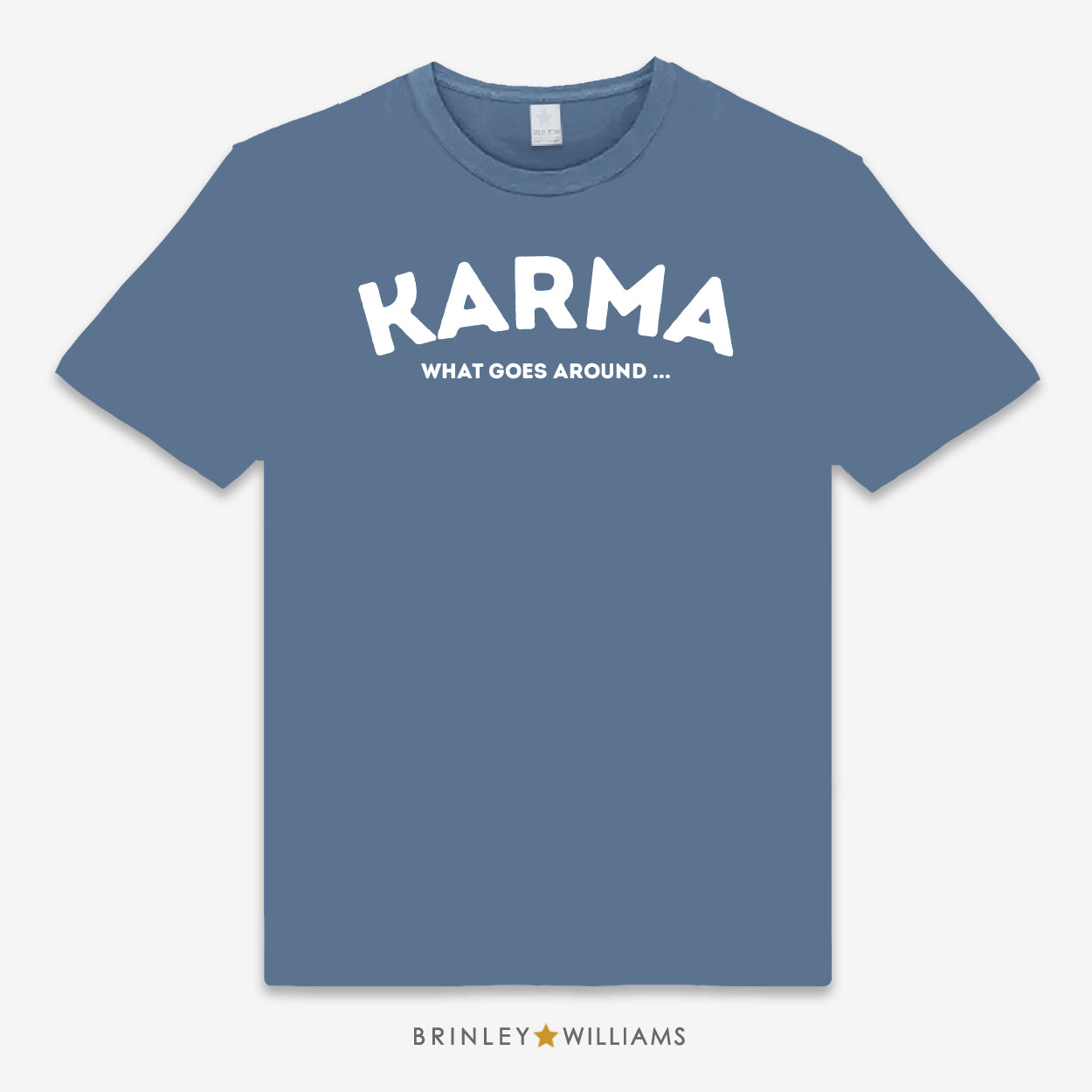 Blue unisex t-shirt printed with 'Karma' text design in white