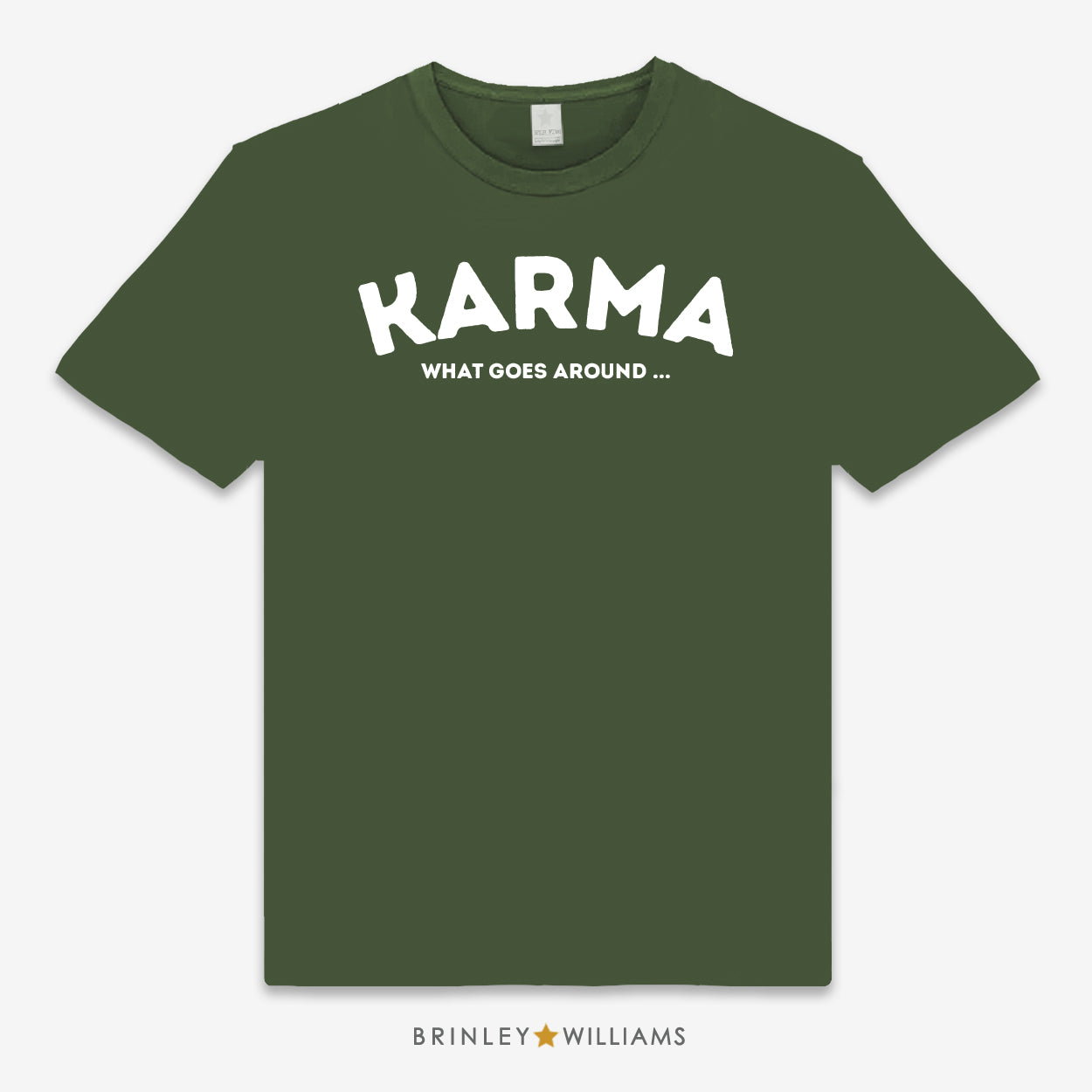 Green unisex t-shirt printed with 'Karma' text design in white