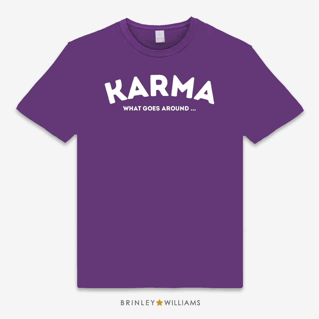 Purple unisex t-shirt printed with 'Karma' text design in white