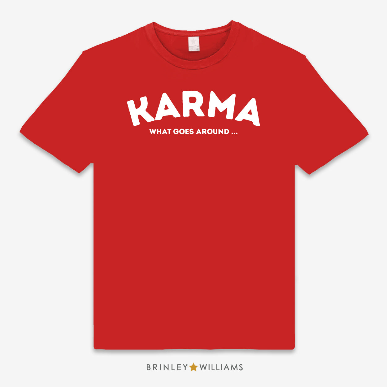 Red unisex t-shirt printed with 'Karma' text design in white