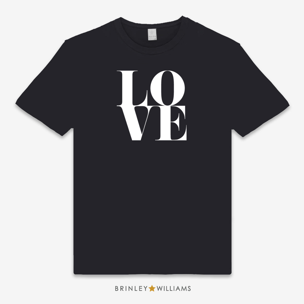 Black unisex t-shirt with 'LOVE' printed in white