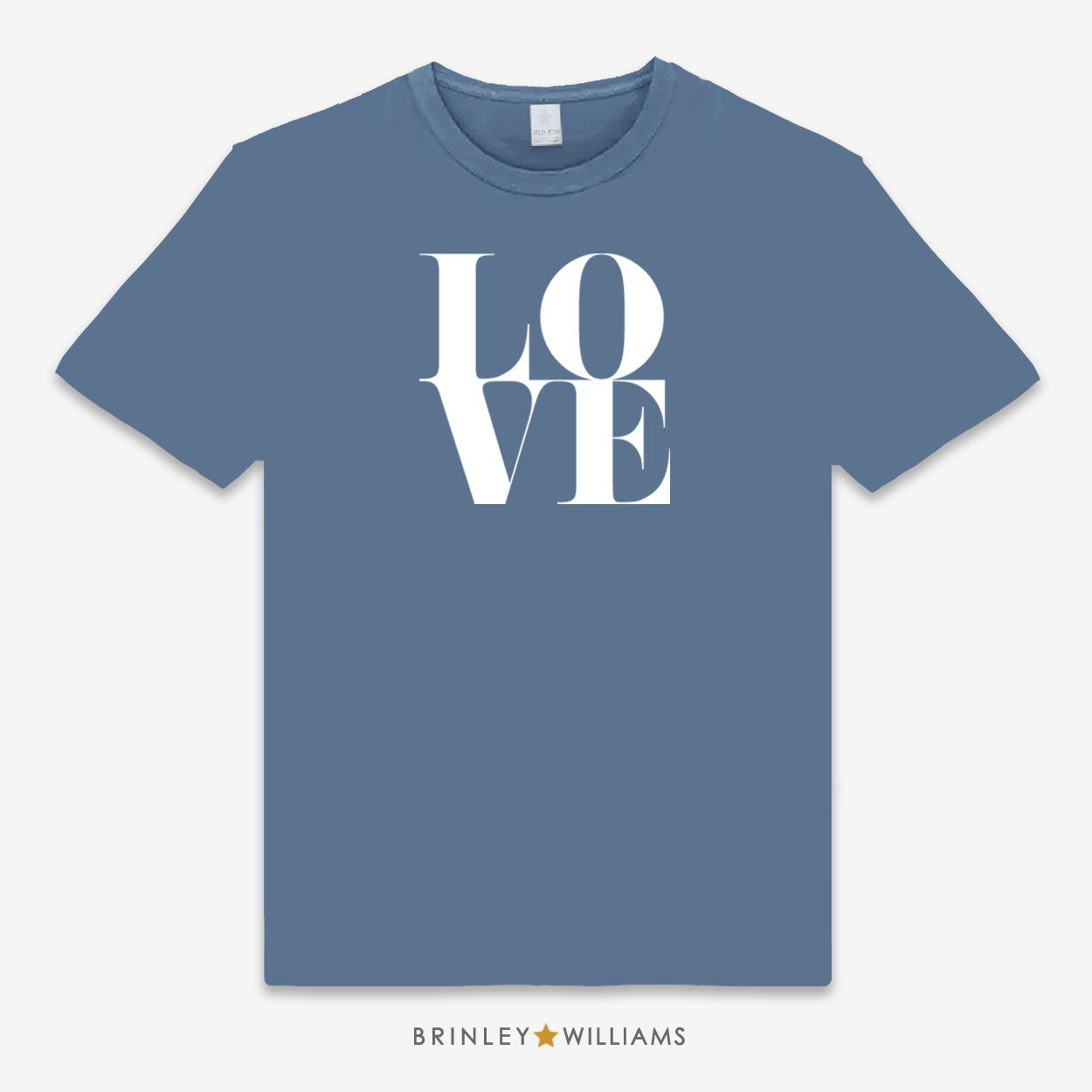 Blue unisex t-shirt with 'LOVE' printed in white