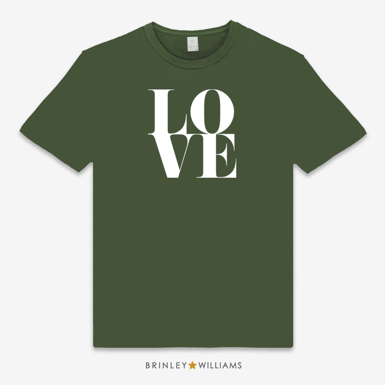 Green unisex t-shirt with a white 'LOVE' design printed on it