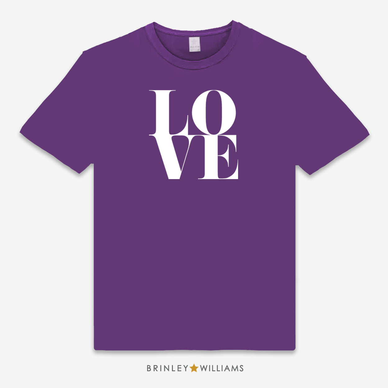 Purple unisex t-shirt with a white 'LOVE' design printed on it