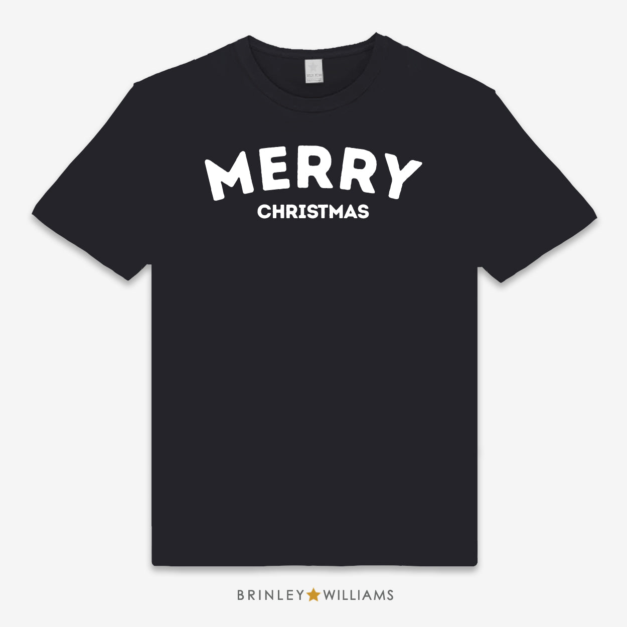 Black unisex t-shirt with 'MERRY CHRISTMAS' text design printed on it