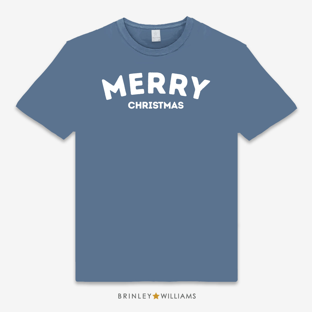Blue unisex t-shirt with 'MERRY CHRISTMAS' text design printed on it