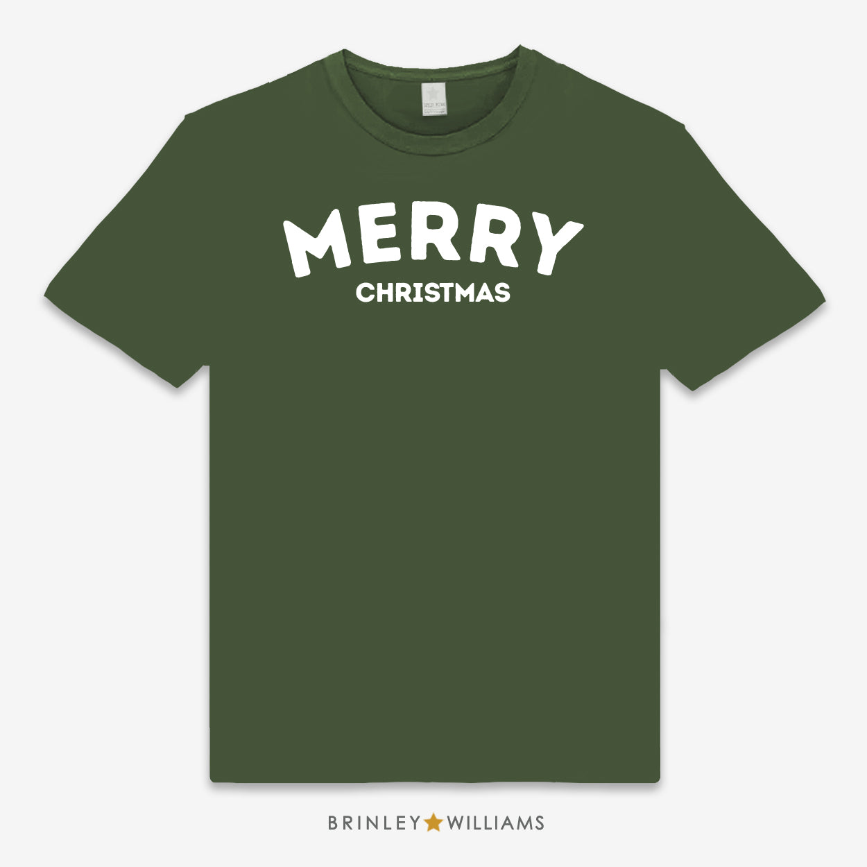 Green unisex t-shirt with 'MERRY CHRISTMAS' text design printed on it