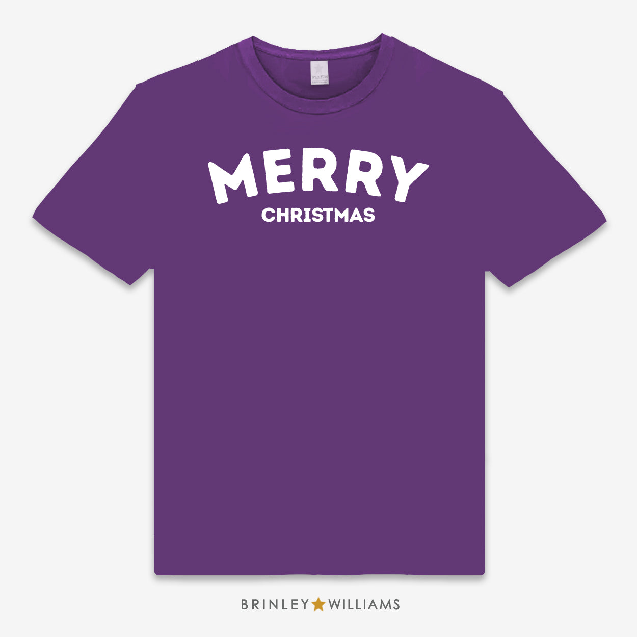 Purple unisex t-shirt with 'MERRY CHRISTMAS' text design printed on it