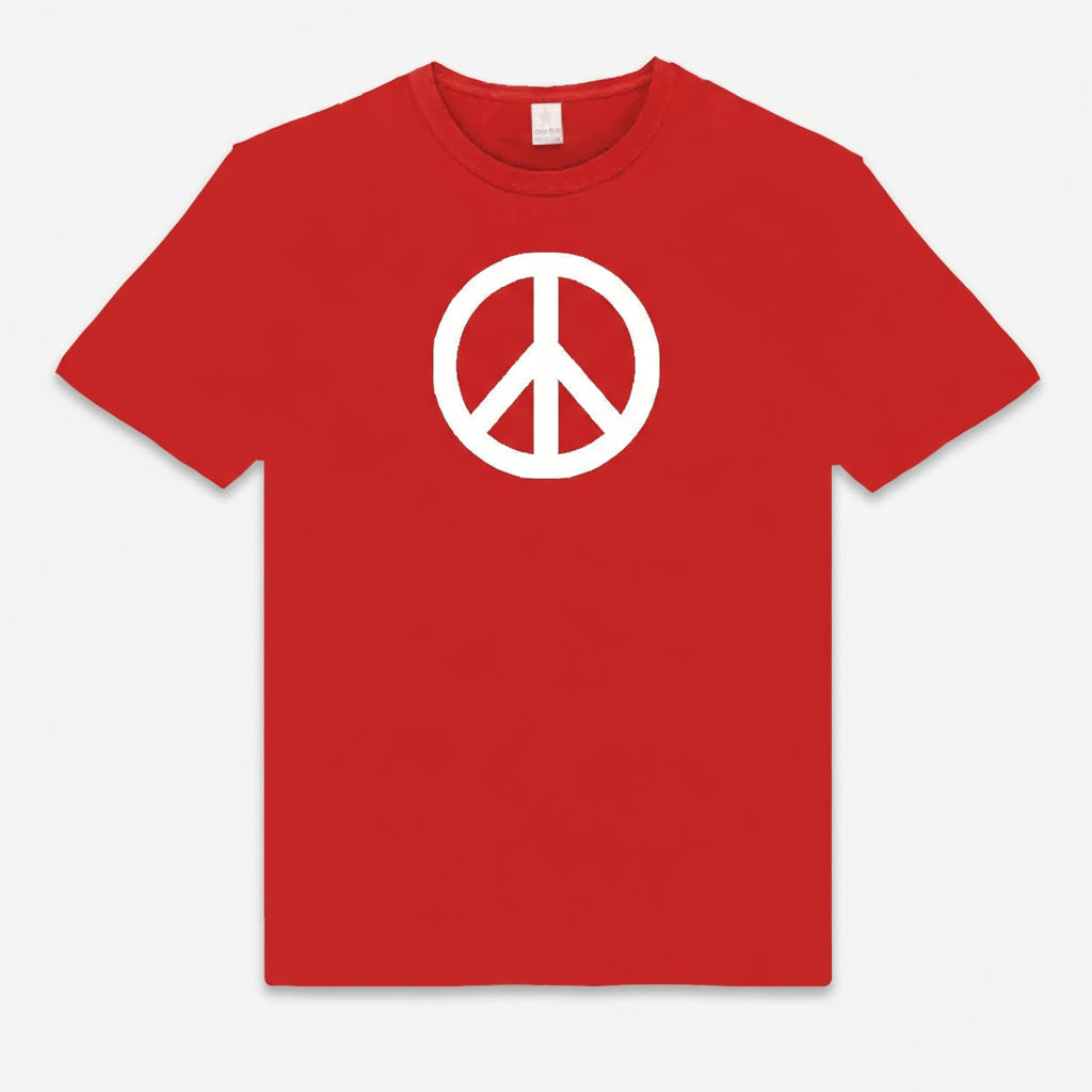 Red Unisex t-shirt with a white peace symbol design by 'Brinley Williams'.