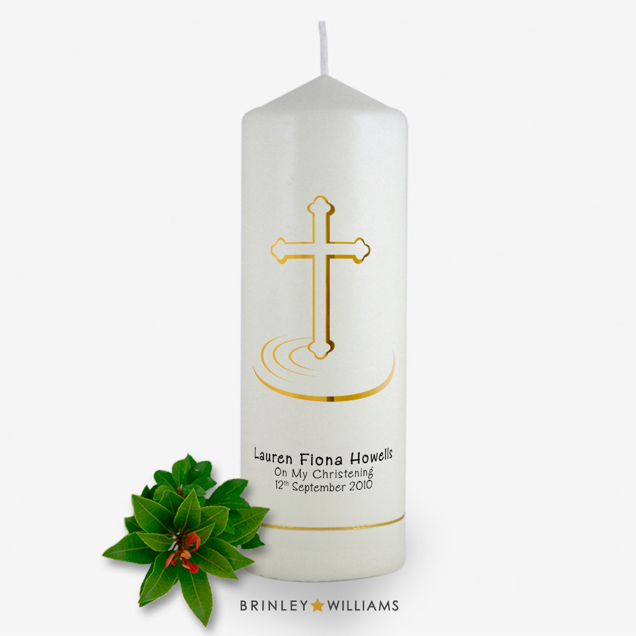 Ripple Cross Christening Personalised Candle - Gold Foil