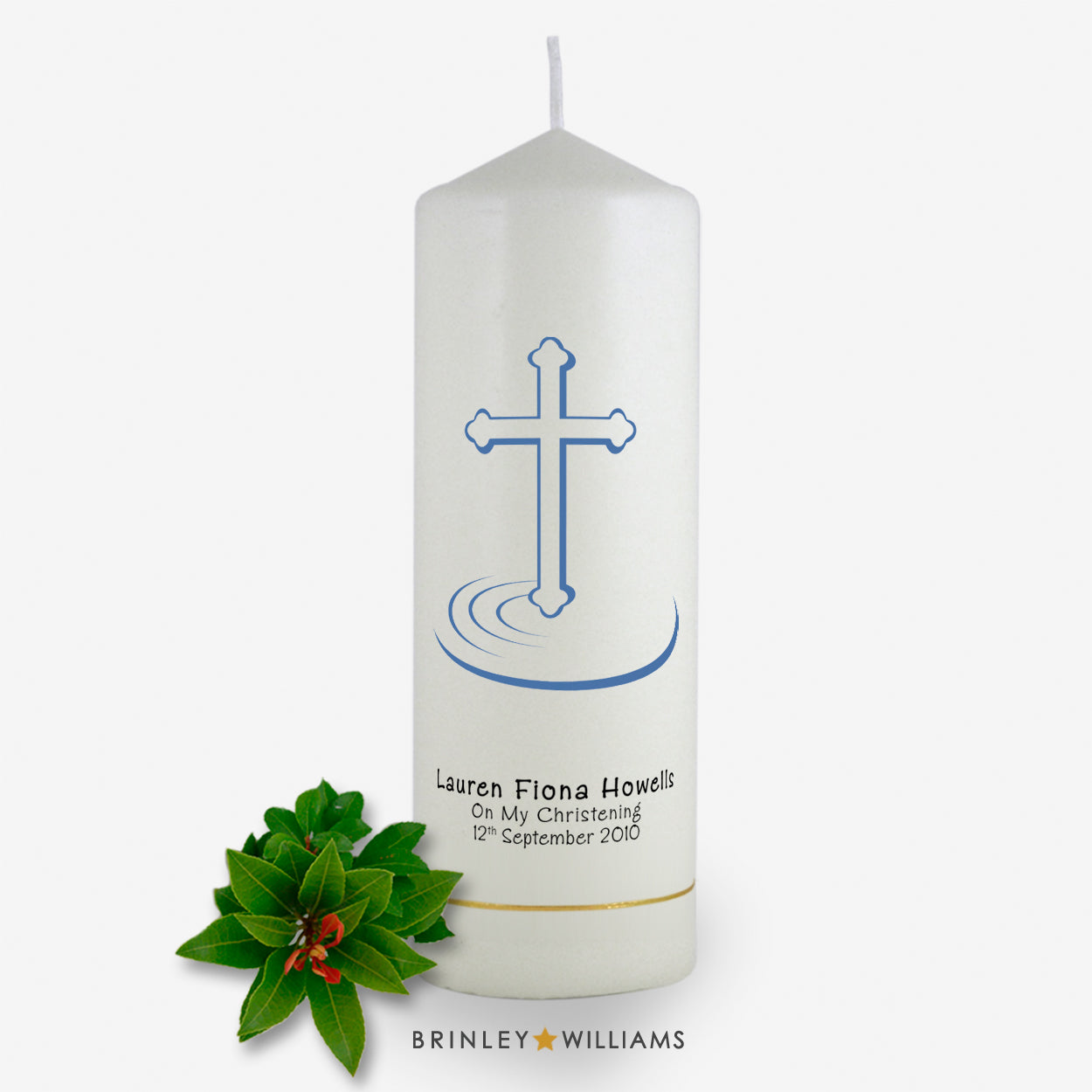 Ripple Cross Christening Personalised Candle - Sky Blue