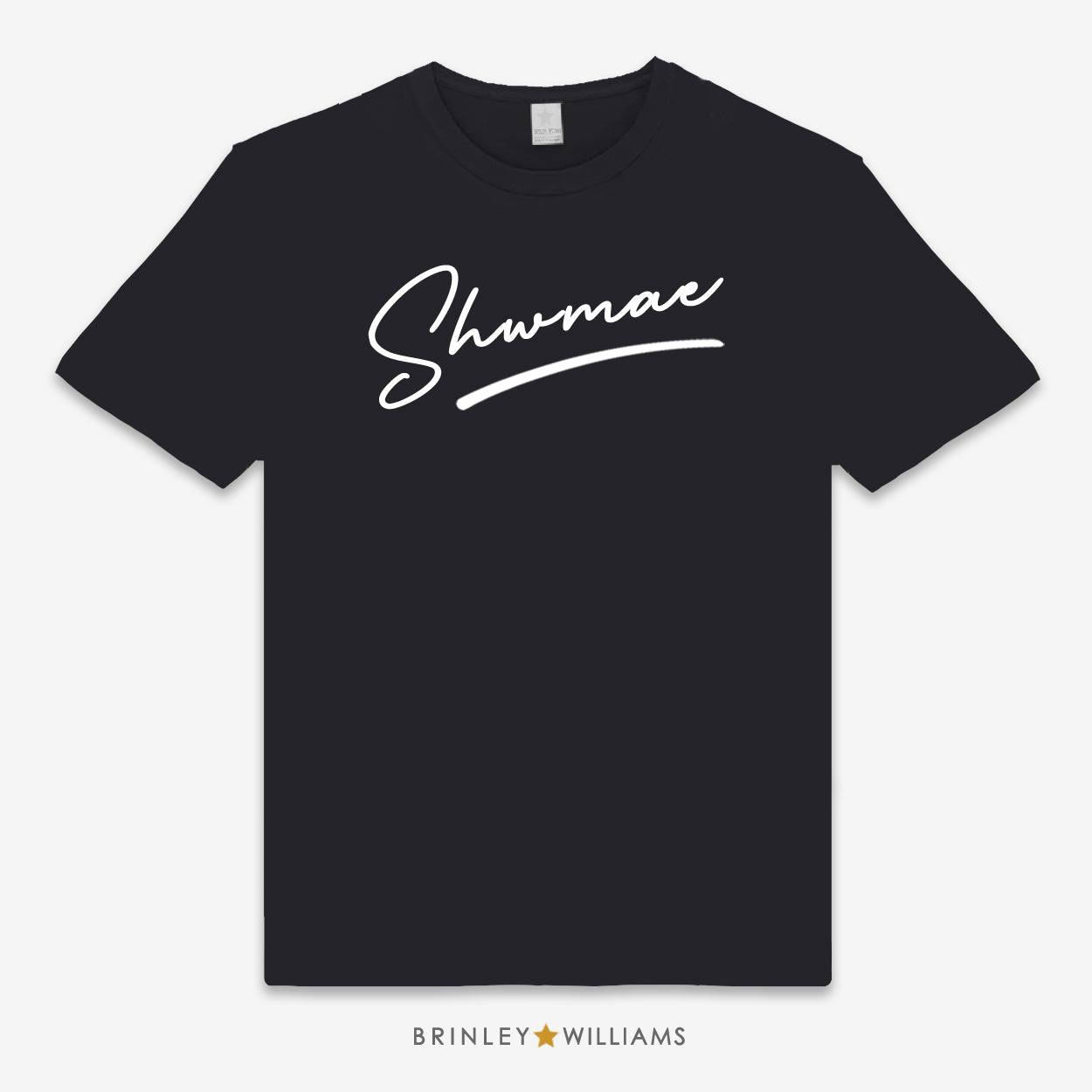 Black unisex t-shirt printed with 'Shwmae' in white text