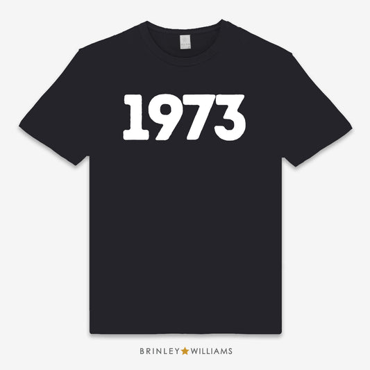 Black unisex t-shirt with Personalised year design printed in white on the front