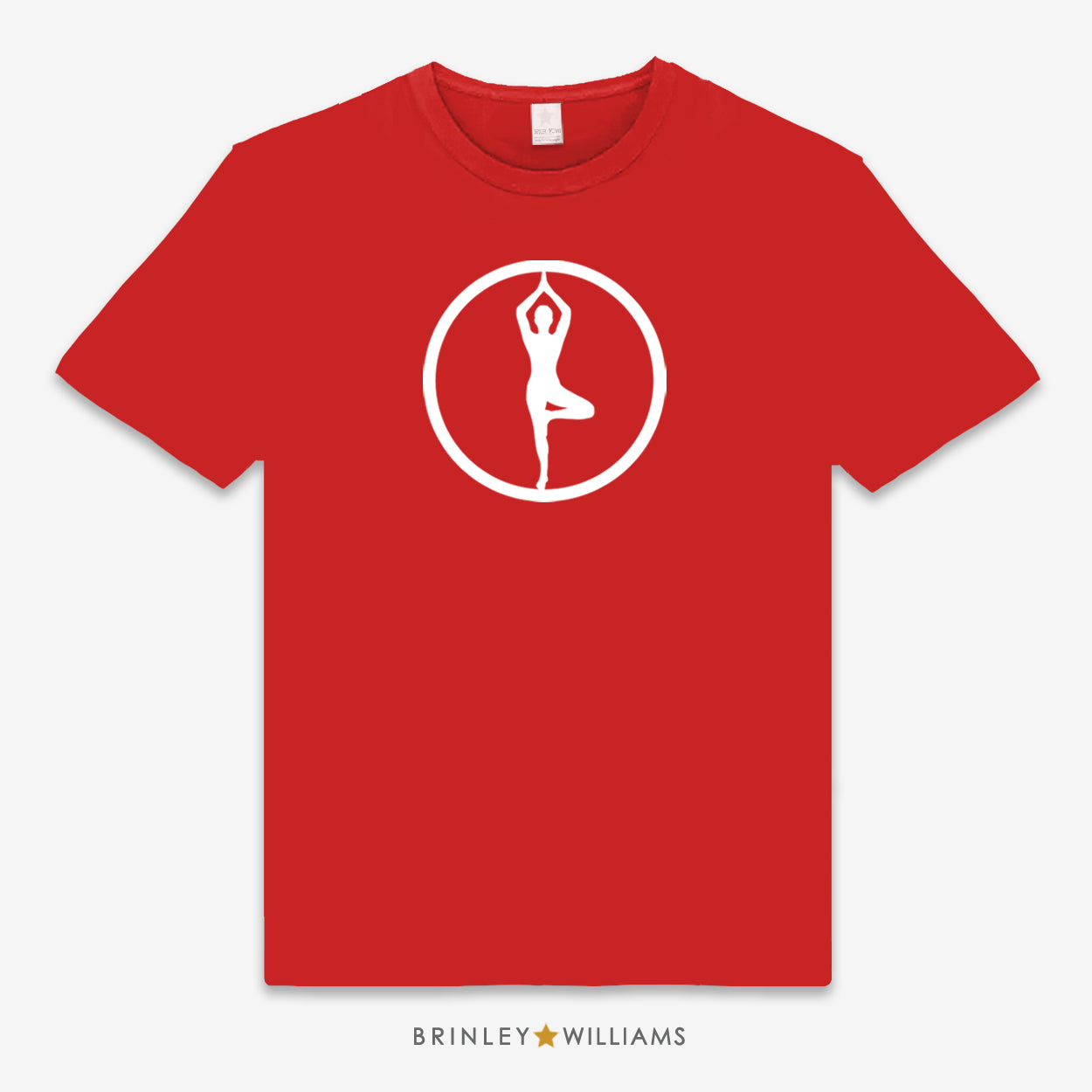 Red unisex t-shirt with a white yoga pose logo printed on the front