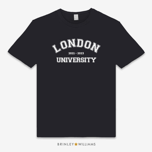 Black unisex t-shirt with your personalised university city and dates attended design