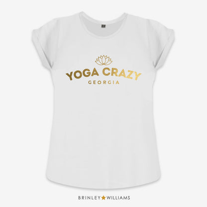 Yoga Crazy Rolled Sleeve T-shirt - Personalised - White