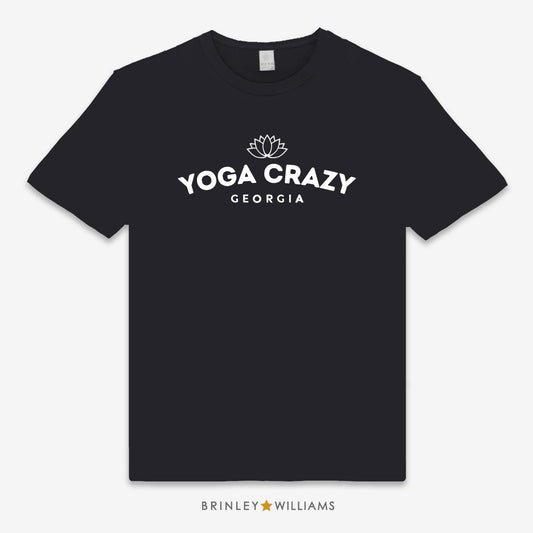Black unisex t-shirt with 'Yoga Crazy Georgia' text and lotus flower design that can be personalised with a name