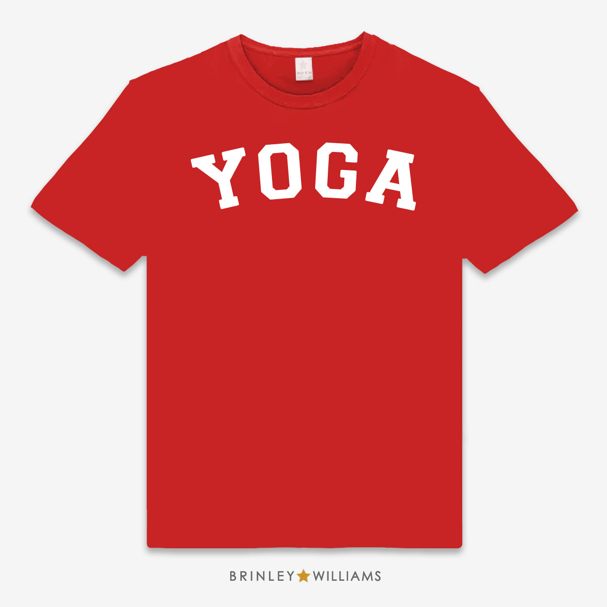 Red unisex t-shirt printed with white 'YOGA' text design