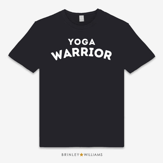 Black unisex t-shirt printed with white 'Yoga Warrior' text design