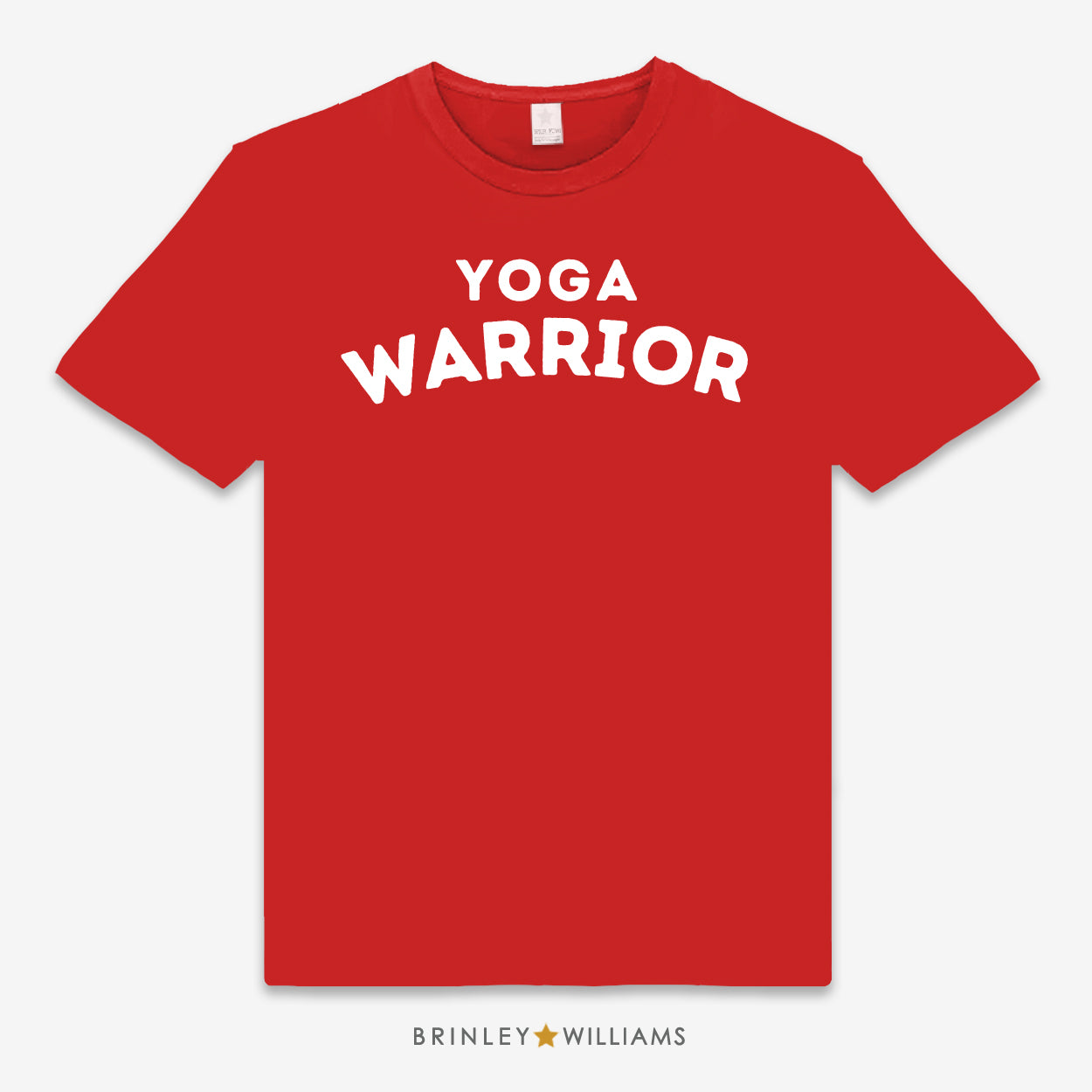 Red unisex t-shirt printed with white 'Yoga Warrior' text design