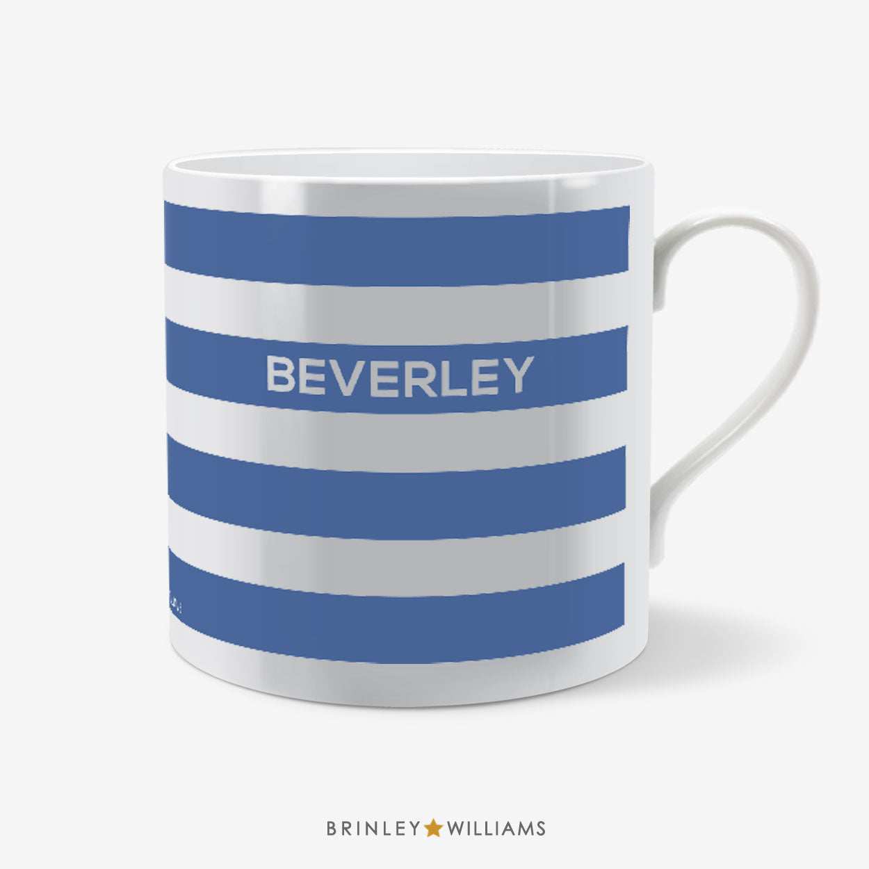 Personalised 4 striped Mug with blue and white stripes and 'Beverley' printed on a white background