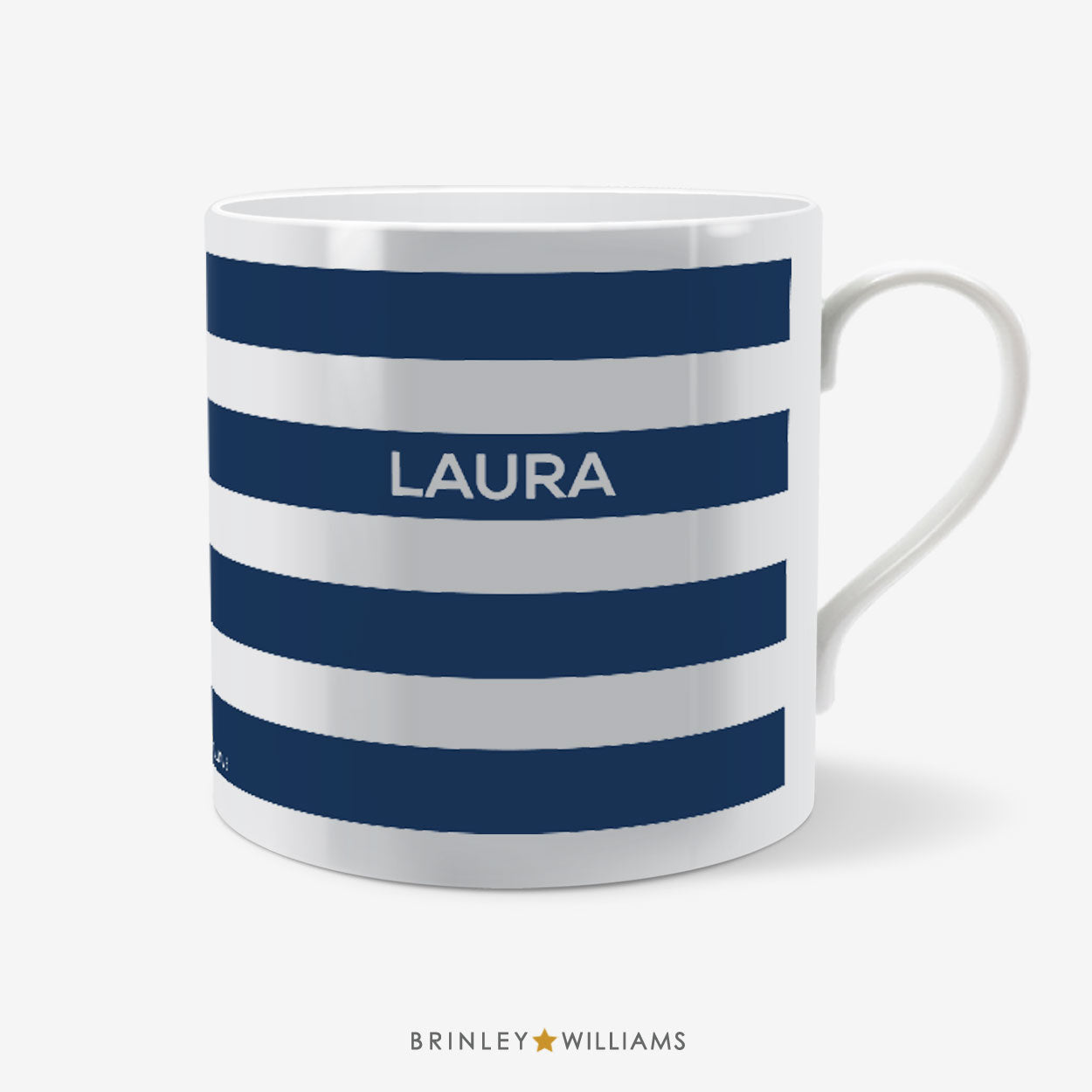 Personalised Mug with blue and white stripes and the name 'Laura' on a white background from Brinley Williams