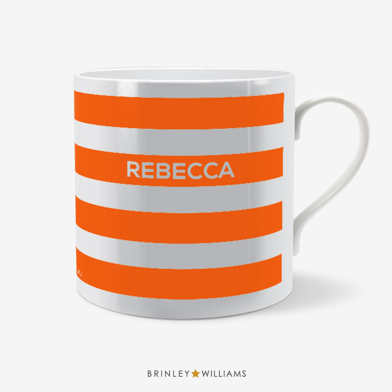 White mug with orange stripes and 'REBECCA' printed on a white background