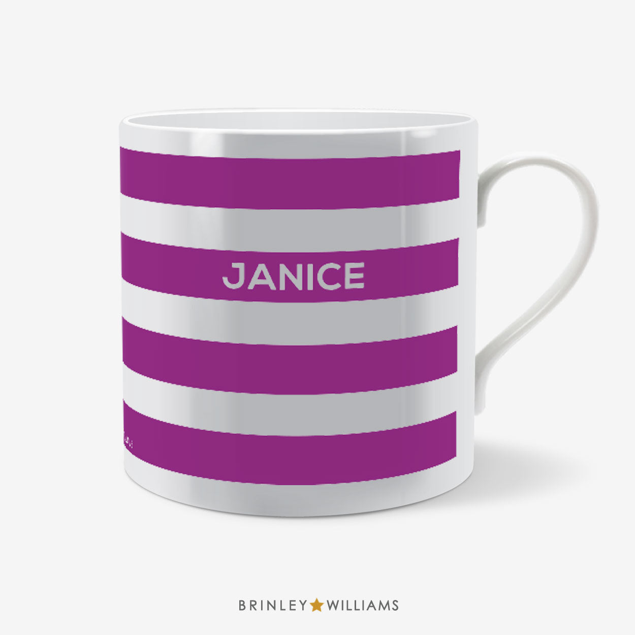 White mug with purple stripes and 'JANICE' text on a white background, branded 'Brinley Williams'.