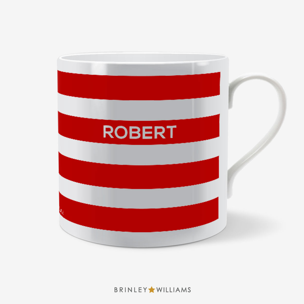 White mug with red stripes and 'ROBERT' printed on a white background