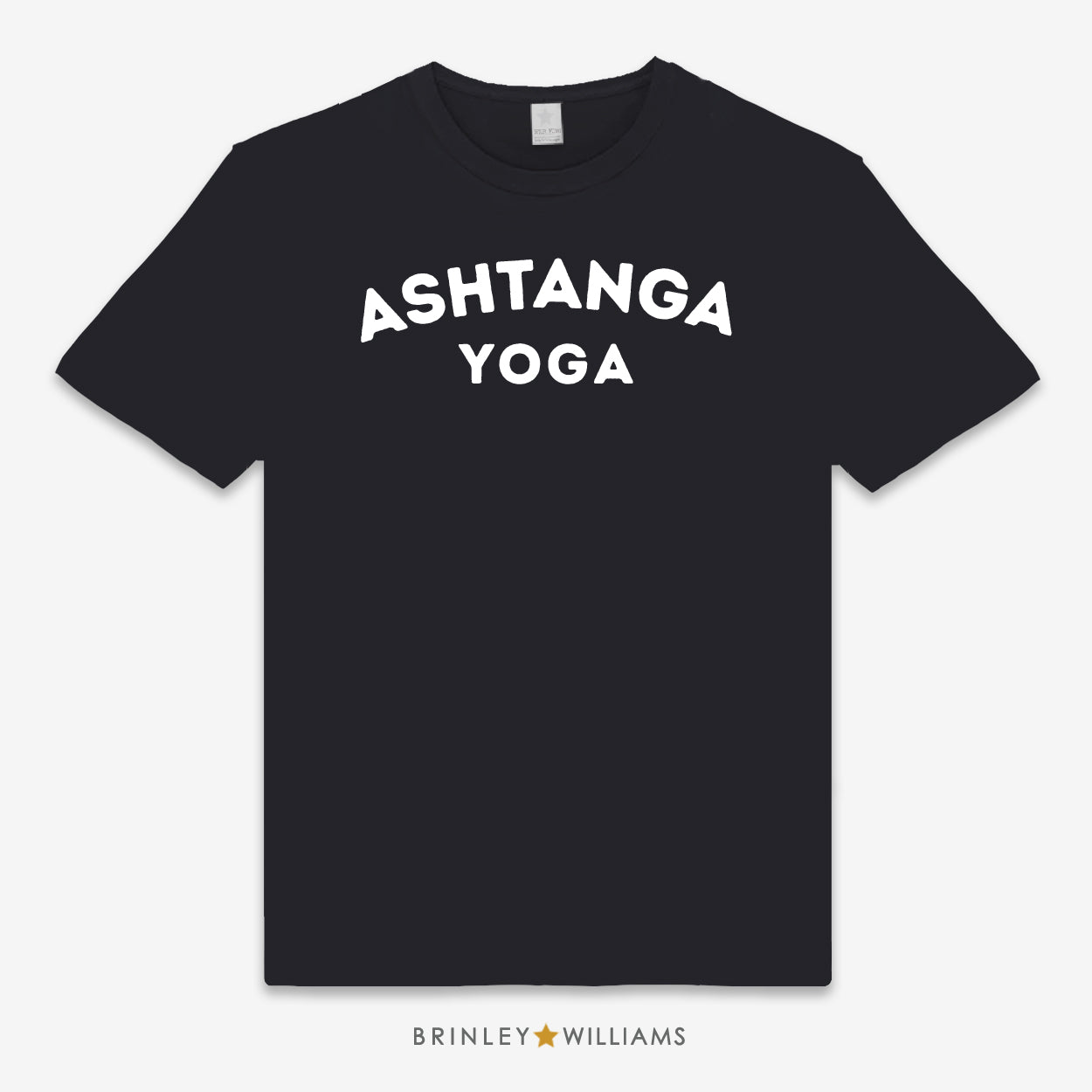 Black unisex t-shirt printed with 'ASHTANGA YOGA' text design in white 