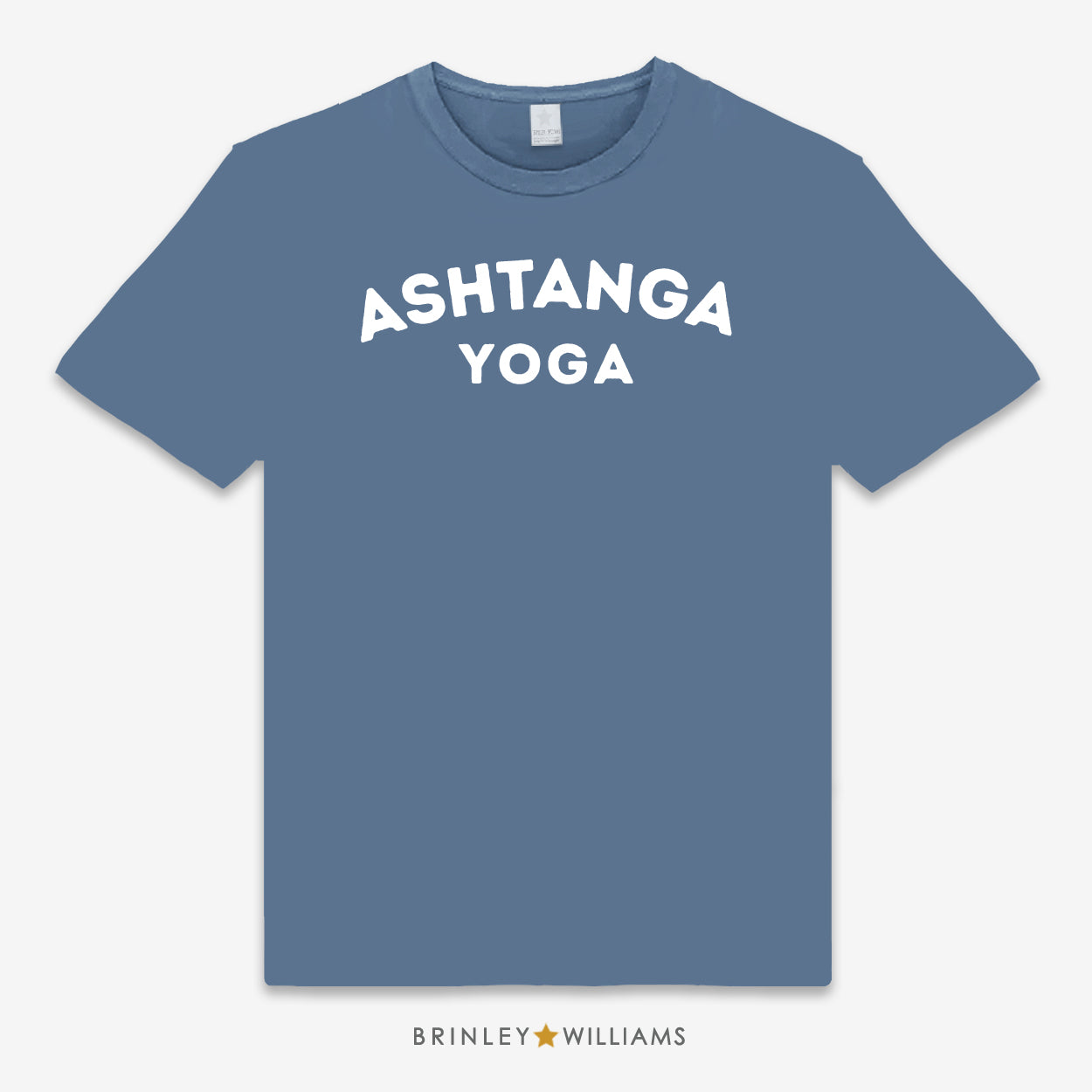 Blue unisex t-shirt printed with 'ASHTANGA YOGA' text design in white 