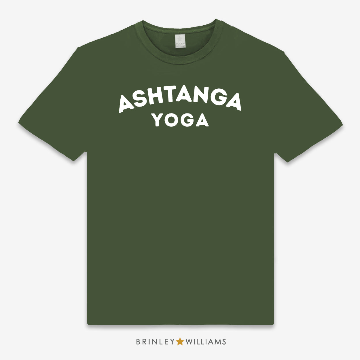 Green unisex t-shirt printed with 'ASHTANGA YOGA' text design in white 
