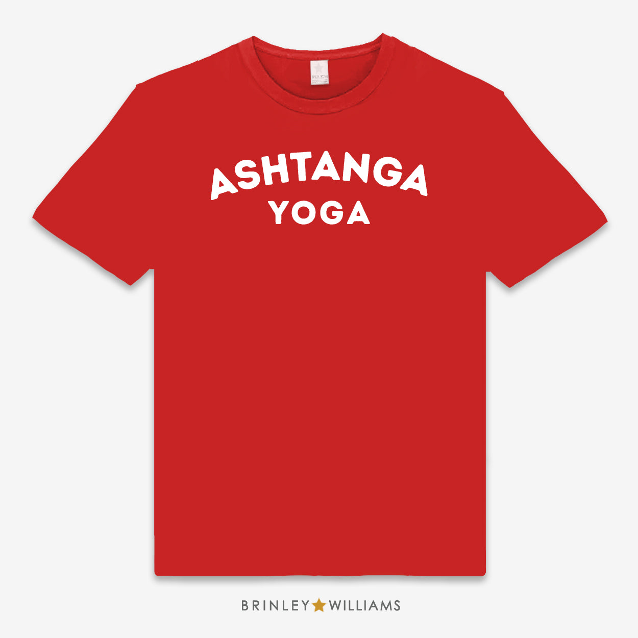 Red unisex t-shirt printed with 'ASHTANGA YOGA' text design in white 