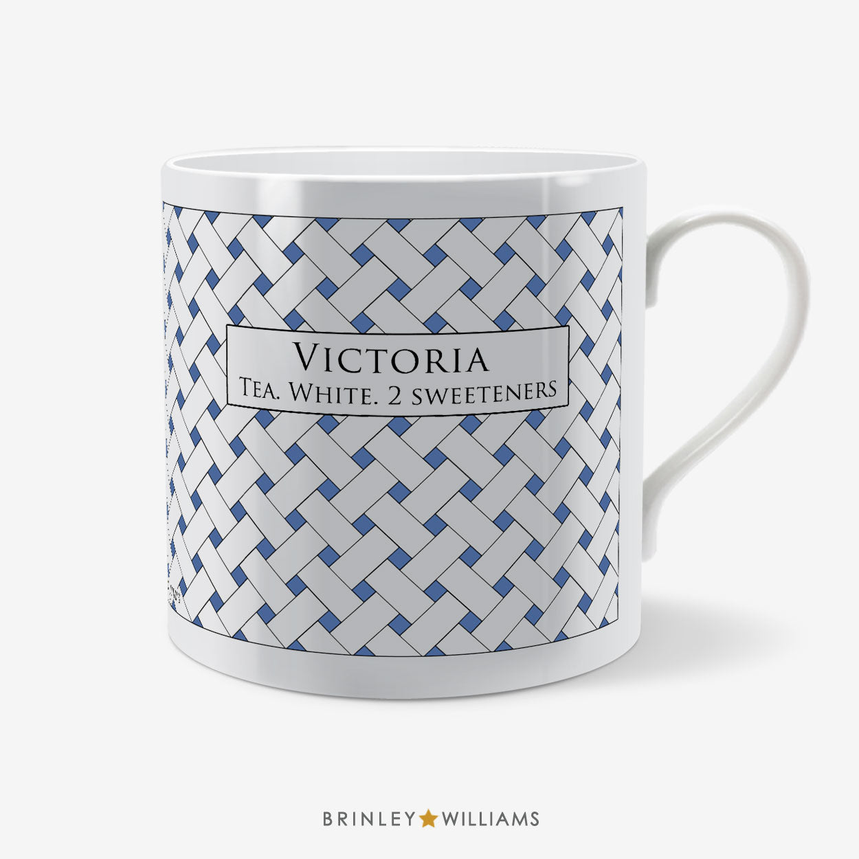Personalised mug with blue weave pattern by 'Brinley Williams'.