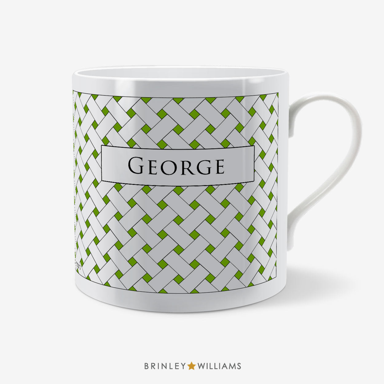 Personalised mug with green weave pattern by 'Brinley Williams'.