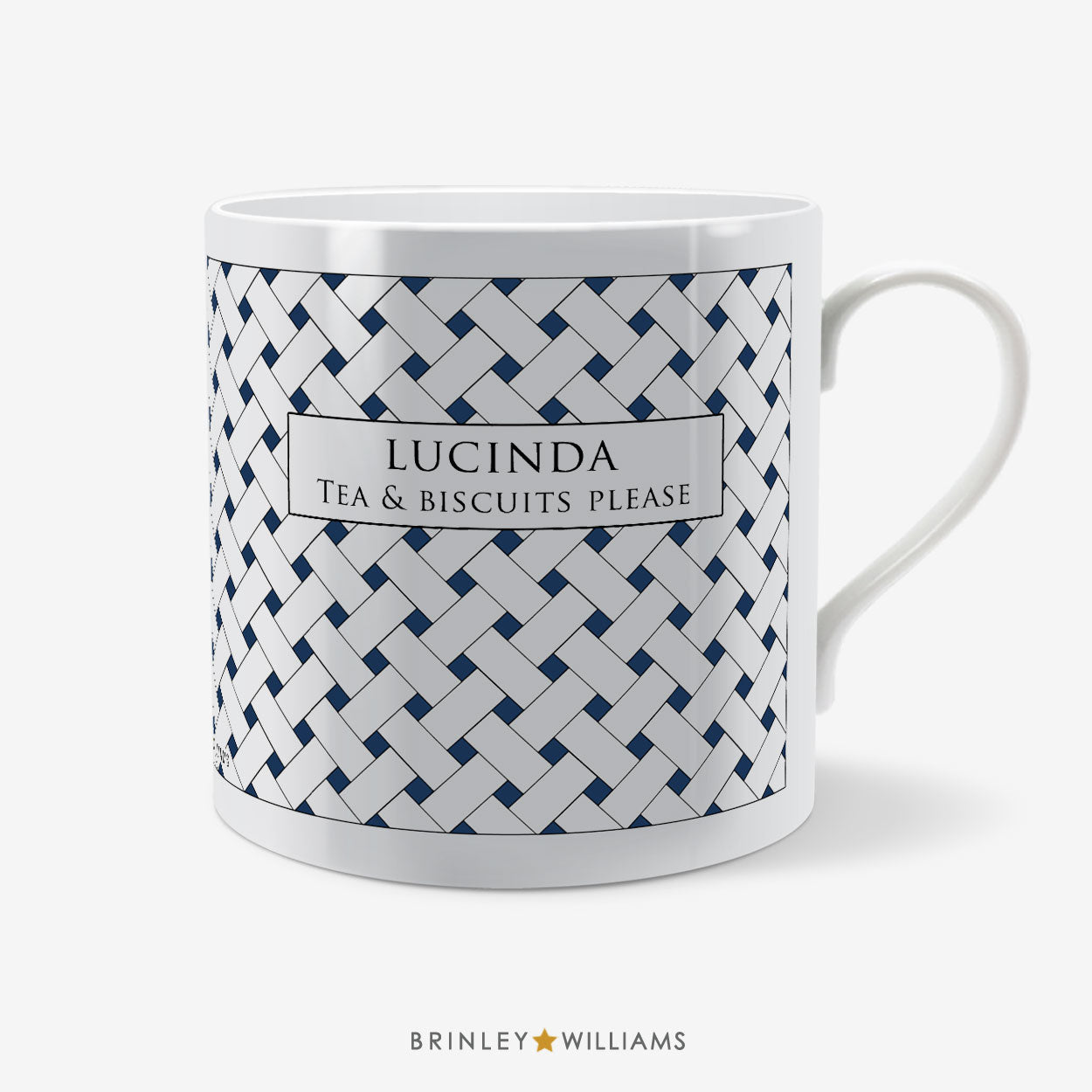 Personalised mug with navy weave pattern by 'Brinley Williams'.