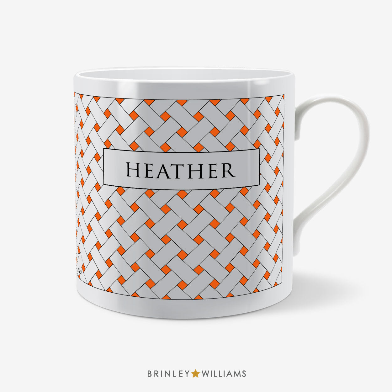 Personalised mug with orange weave pattern by 'Brinley Williams'.