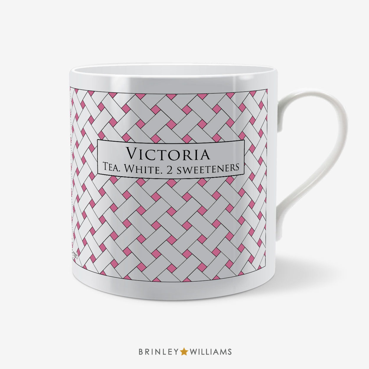 Personalised mug with Pink weave pattern by 'Brinley Williams'.