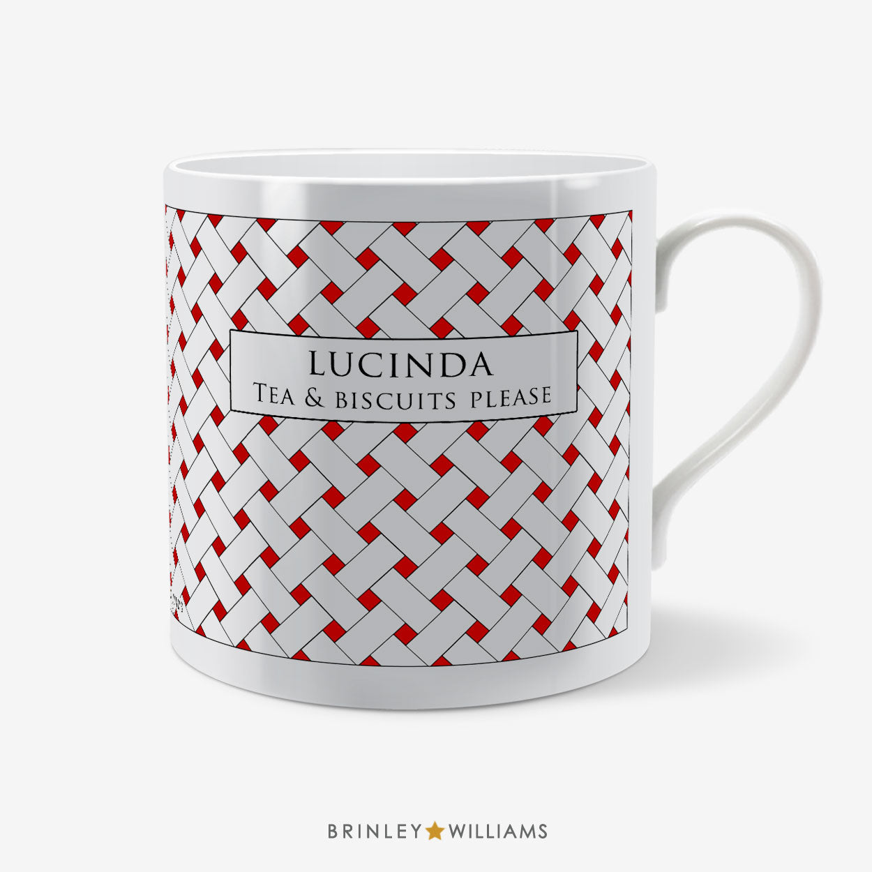 Personalised mug with Red weave pattern by 'Brinley Williams'.