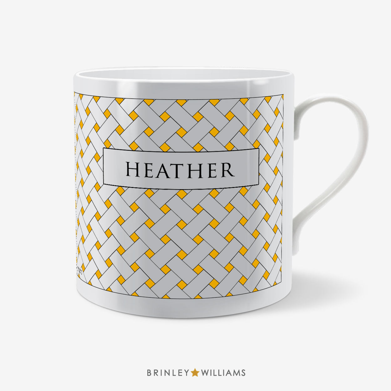 Personalised mug with Yellow weave pattern by 'Brinley Williams'.